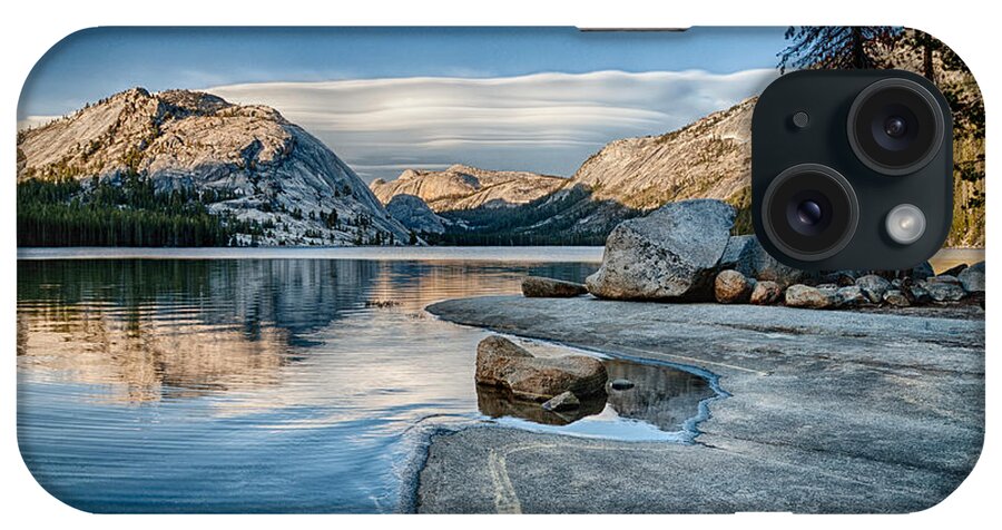 Lake Water Reflection Rock Boulders Stone Clouds Sky Granite iPhone Case featuring the photograph Water and Stone by Cat Connor
