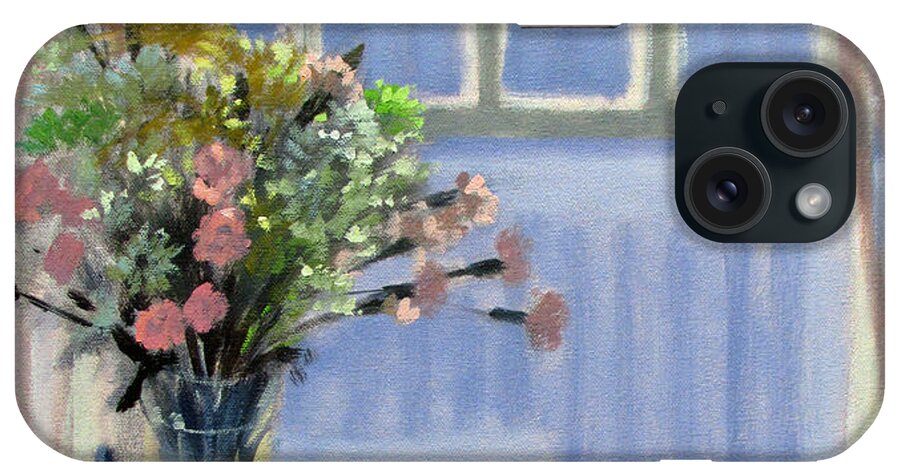 Unique Windows iPhone Case featuring the painting Wedgewood Blues - Flowers by the Window by Bonnie Mason