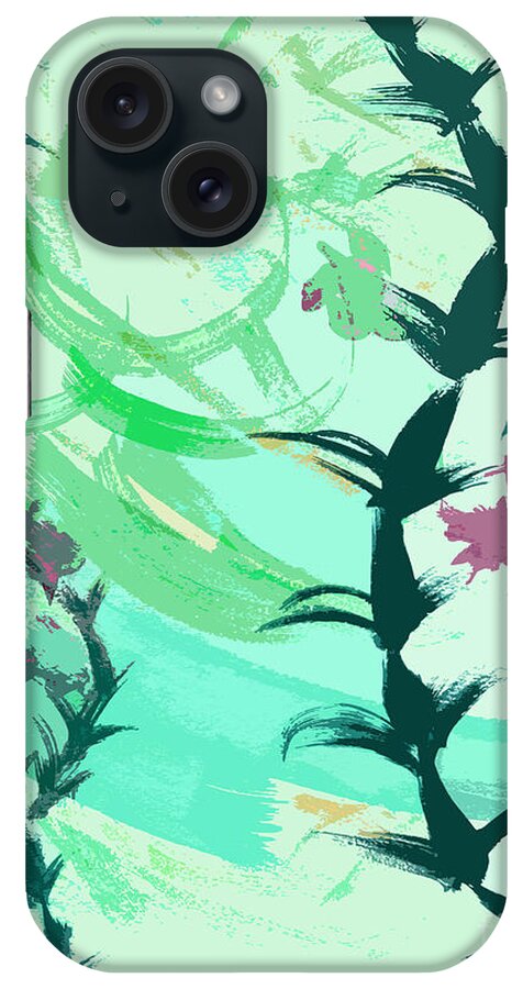 Abstract iPhone 15 Case featuring the digital art Weeds in Green plus Orange and Pink by Beverly Claire Kaiya