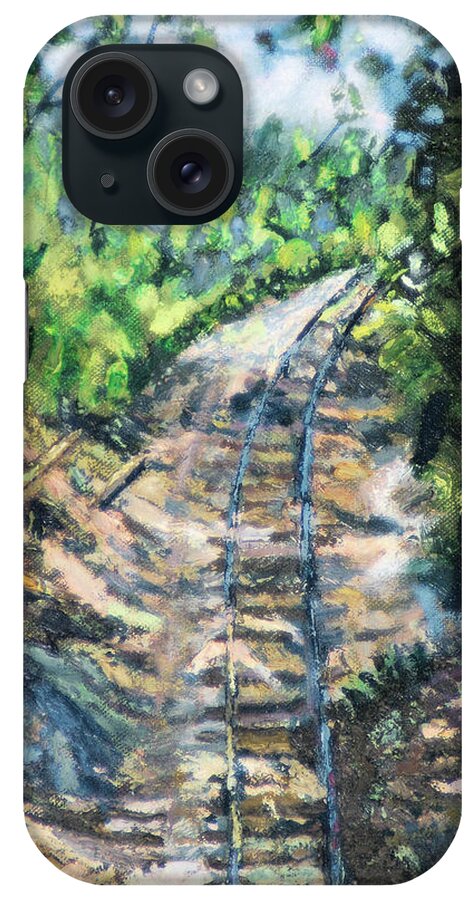 Tree Path Railroad Track Rock Forest iPhone Case featuring the painting What's Around the Bend? by Michael Daniels