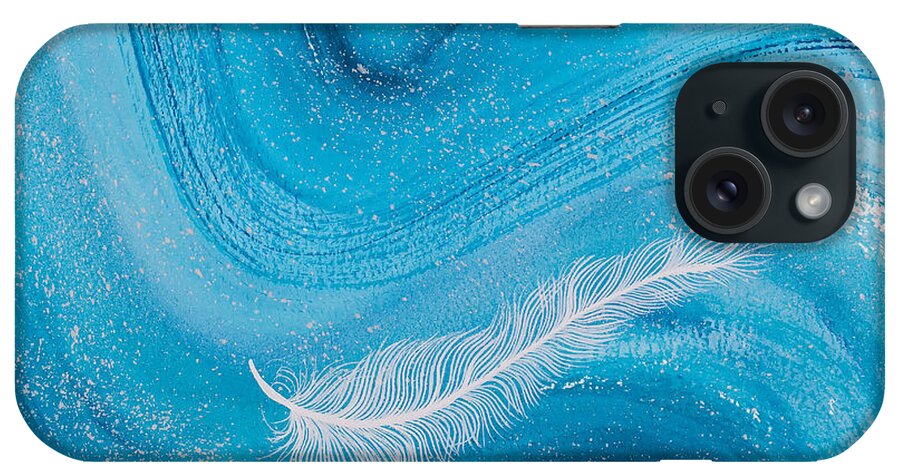 Feather iPhone Case featuring the painting White spiritual feather on pale blue wave by Carolyn Bennett by Simon Bratt