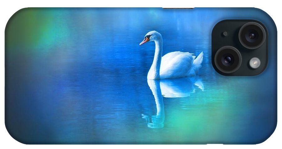 White Swan iPhone Case featuring the digital art White Swan in blue fog by Lilia S