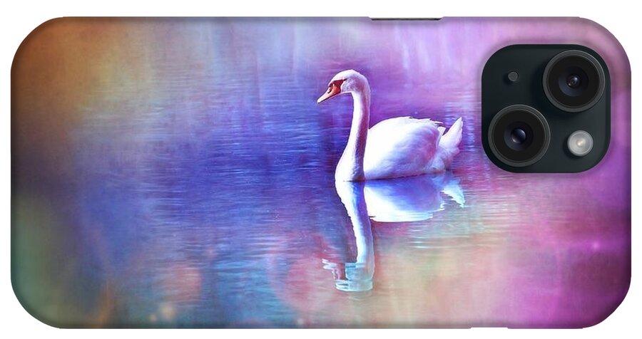 White Swan iPhone Case featuring the digital art White Swan in colorful fog by Lilia S