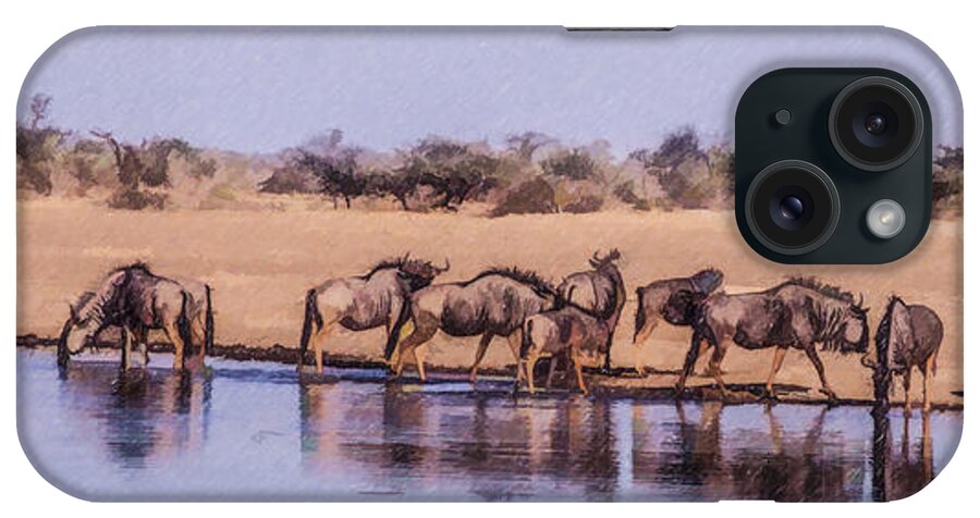 Wildebeest iPhone Case featuring the digital art Wildebeest at an Etosha waterhole by Liz Leyden