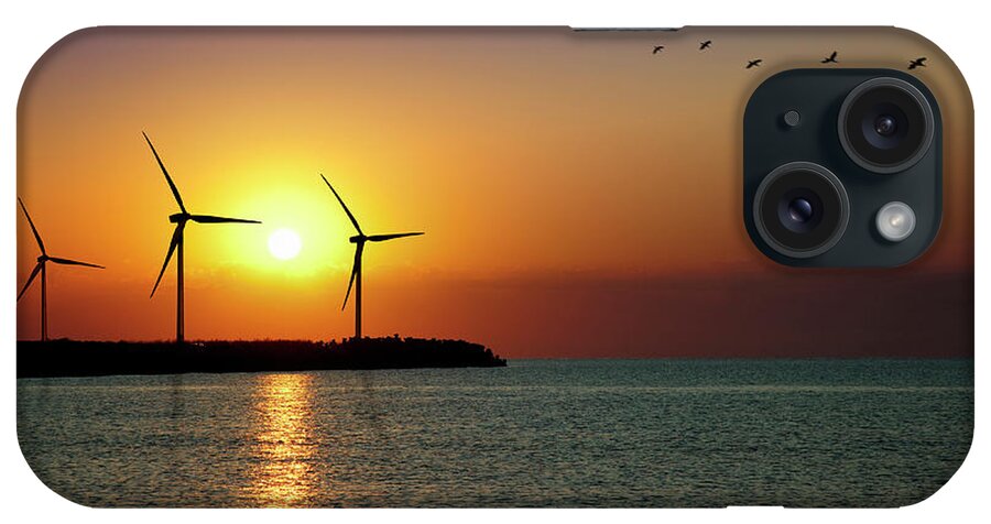 Water's Edge iPhone Case featuring the photograph Wind Turbine Farm In Sunset by Mariusfm77