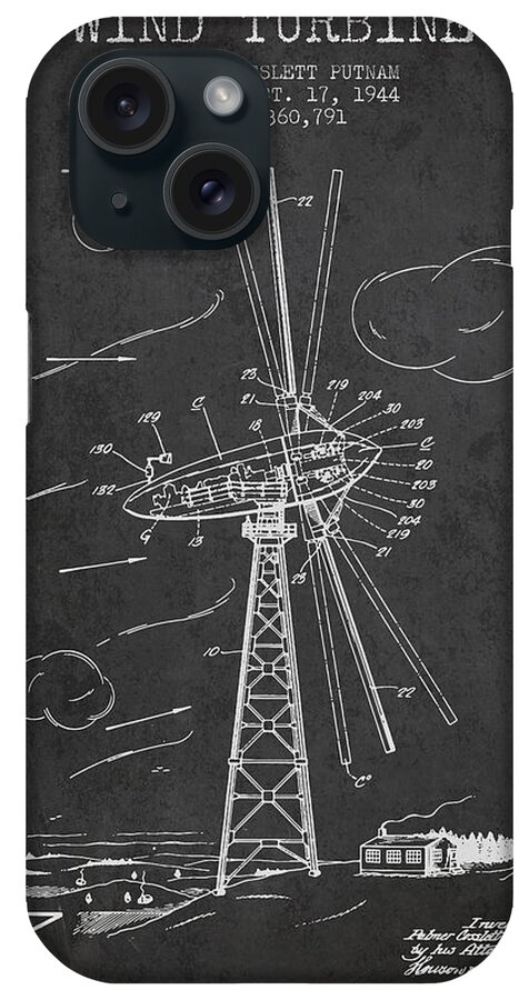 Wind Turbine iPhone Case featuring the digital art Wind Turbine Patent from 1944 - Dark by Aged Pixel