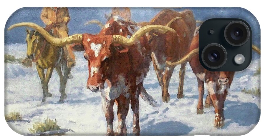 Longhorn iPhone Case featuring the painting Winter Longhorns by Randy Follis