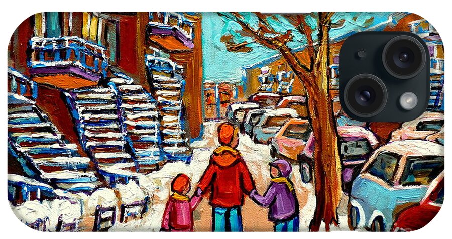 Montreal iPhone Case featuring the painting Winter Walk Montreal Paintings Snowy Day In Verdun Montreal Art Carole Spandau by Carole Spandau
