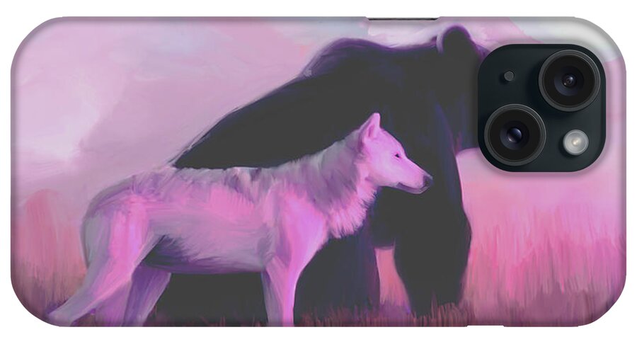 Landscape iPhone Case featuring the painting Wolf and Bear Spirits by Armin Sabanovic