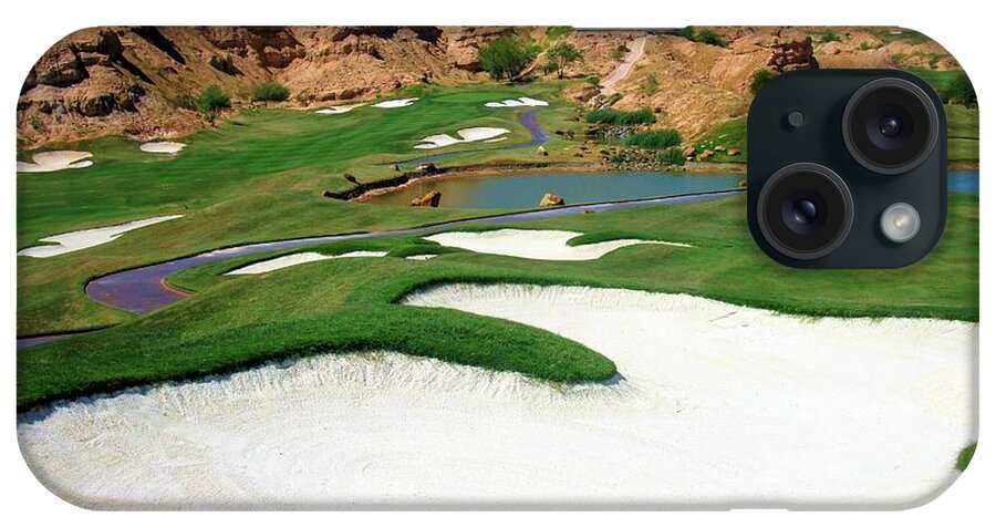 Wolf Creek Golf Club Course Nevada Mesquite Picture Image Photo Photograph Bunker Sand Water Creek Waterfall Rocks Desert Fairway Green Contrast High White Target Golf Blue Sky Brown Desert Utah St. George Las Vegas Hole Number 9 1 Nine One iPhone Case featuring the photograph Wolf Creek Golf Club Hole #9 by Scott Carda