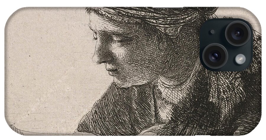 Woman Reading iPhone Case featuring the drawing Woman Reading, 1634 by Rembrandt by Rembrandt