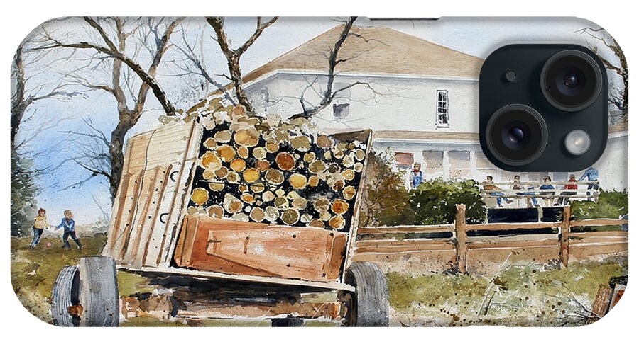 A Wagon Load Of Wood Sets In The Backyard Of A Farmhouse. Friends And Family Are Gathered On The Back Porch. iPhone Case featuring the painting Wood Wagon by Monte Toon