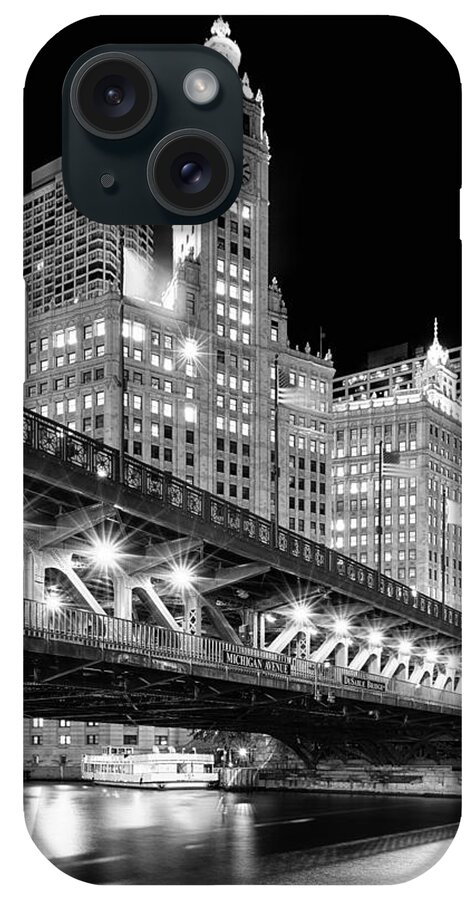 Dusk iPhone Case featuring the photograph Wrigley Building at Night in Black and White by Sebastian Musial