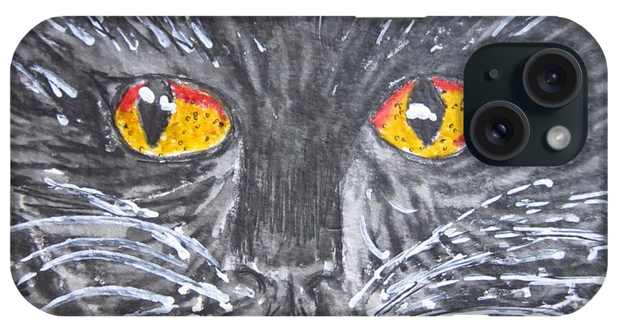 Yellow Eyes iPhone Case featuring the painting Yellow Eyed Black Cat by Kathy Marrs Chandler