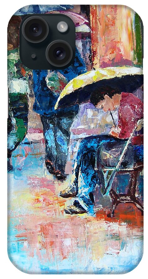 Raining iPhone Case featuring the painting Yellow Umbrella by Janet Garcia