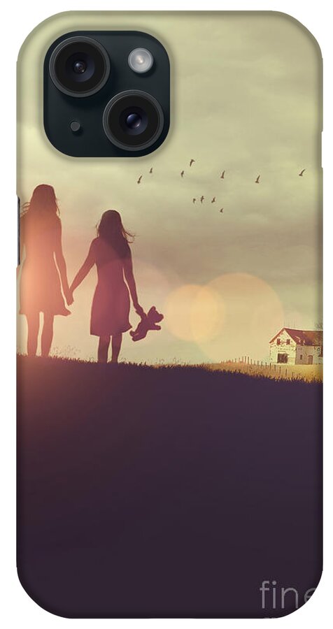 Atmosphere iPhone Case featuring the photograph Young girls in silhouette walking in grass towards farm by Sandra Cunningham