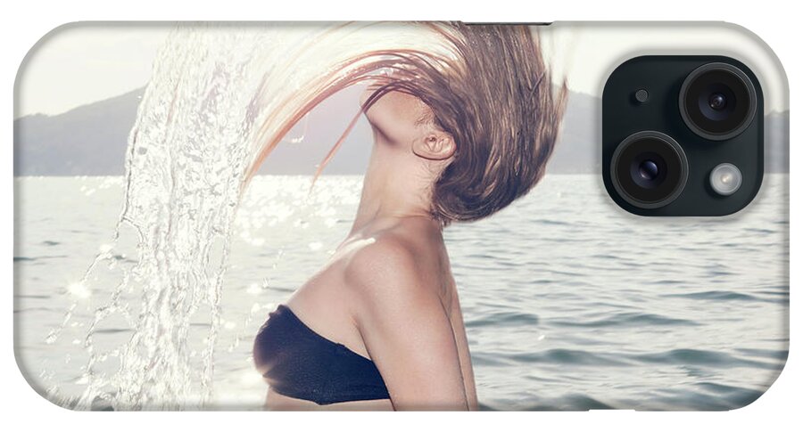 Hiding iPhone Case featuring the photograph Young Woman In Sea Throwing Head Back by Manuela