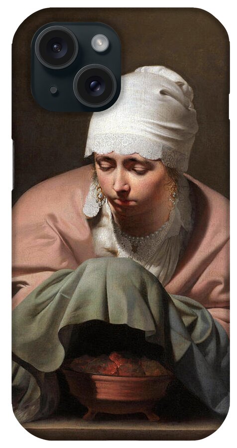 Caesar Van Everdingen iPhone Case featuring the painting Young Woman Warming her Hands over a Brazier by Caesar van Everdingen