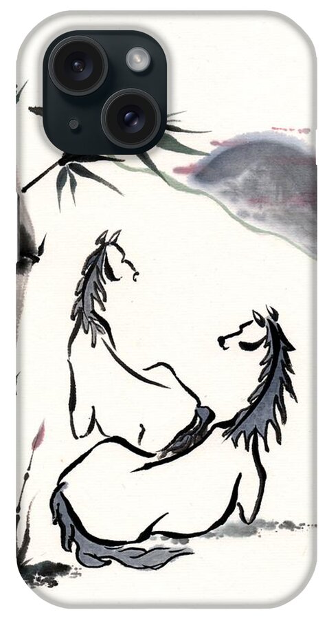Chinese Brush Painting iPhone Case featuring the painting Zen Horses Evolution of Consciousness by Bill Searle