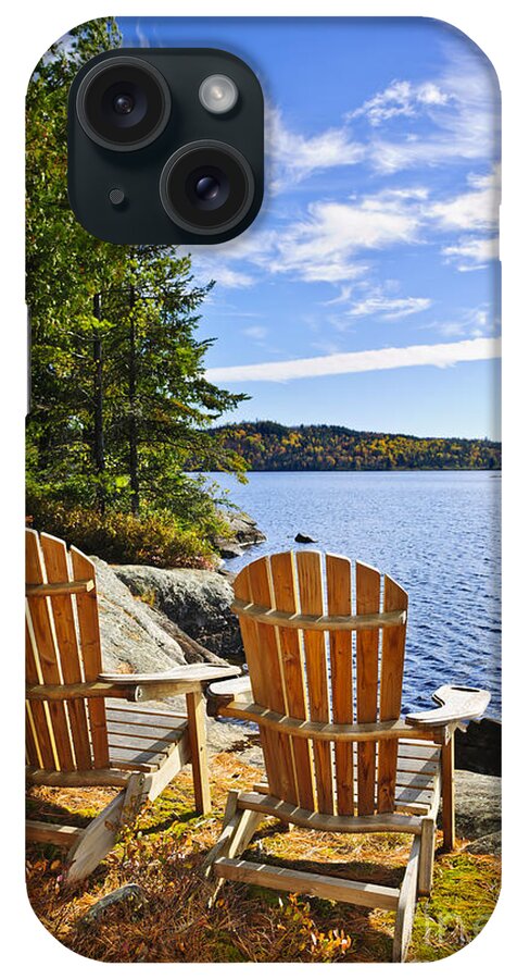 Chairs iPhone Case featuring the photograph Adirondack chairs at lake shore 3 by Elena Elisseeva