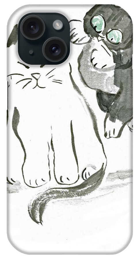 Cat+art Cat+cartoon Felines Sumi Kitten Neko Cat+drawings Cat+illustrations Funny Happy Humor Whimsy Whimsical Pets Cat  iPhone Case featuring the painting Wheeeeeee #1 by Ellen Miffitt