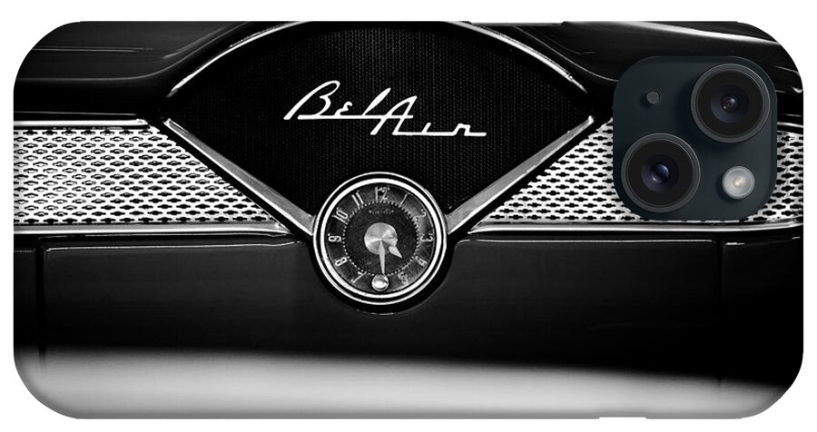 1955 Bel Air iPhone Case featuring the photograph 1955 Chevy Bel Air Glow Compartment in Black and White by Sebastian Musial