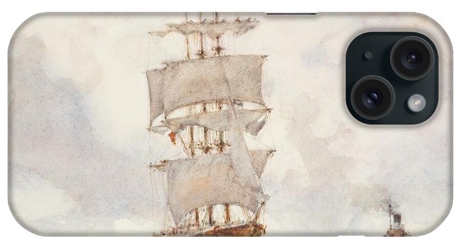 Sailing Boat; Ship; Sails; Square Rigger; Newlyn School iPhone Case featuring the painting Barque and Tug by Henry Scott Tuke