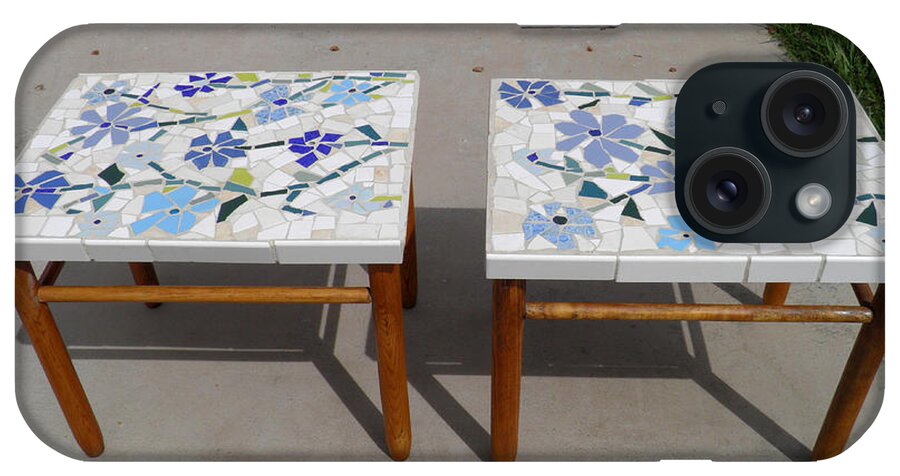 Blue Flower Mosaic Tables iPhone Case featuring the mixed media Blue Flower Mosaic Tables by Lou Ann Bagnall
