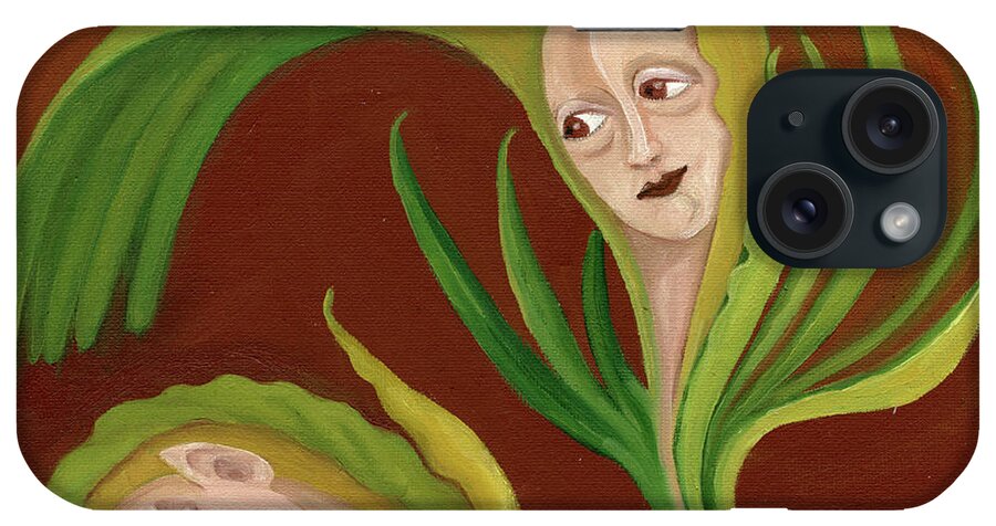 Corn iPhone Case featuring the painting Corn love fantastic realism faces in green corn leaves sleeping or dead loving or mourning gree by Rachel Hershkovitz