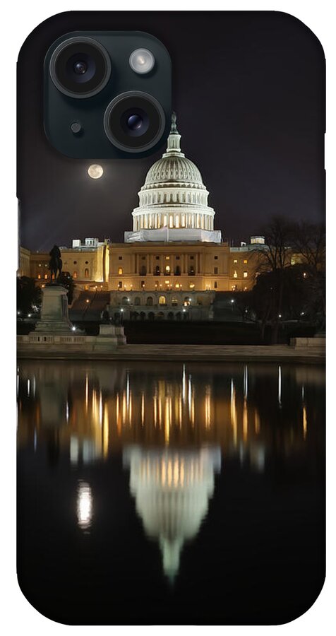 Metro iPhone Case featuring the digital art Digital Liquid - Full Moon at the US Capitol by Metro DC Photography