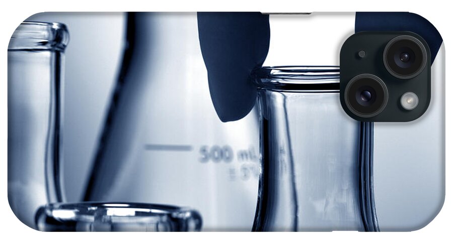 Blue iPhone Case featuring the photograph Erlenmeyer Flasks in Science Research Lab by Science Research Lab