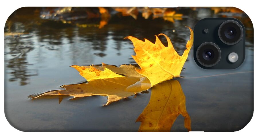 Close Up iPhone Case featuring the photograph Fallen Maple Leaf Reflection by Kent Lorentzen