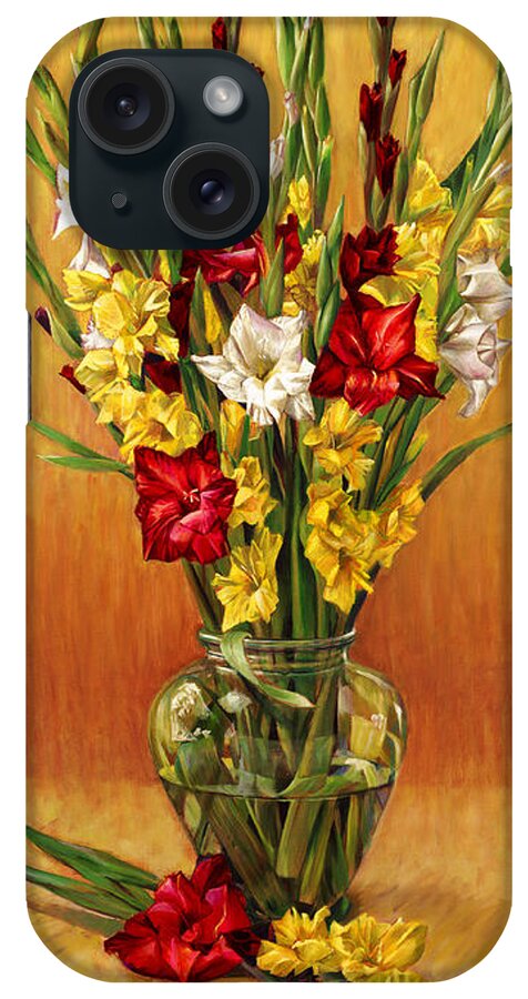  iPhone Case featuring the painting Golden Gladiolus in Red by Nancy Tilles