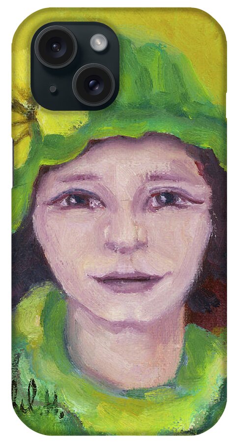 Green iPhone Case featuring the painting Green hat face by Rachel Hershkovitz