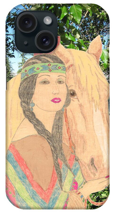 Portrait iPhone Case featuring the drawing Indian Princess and Horse by Donna L Munro