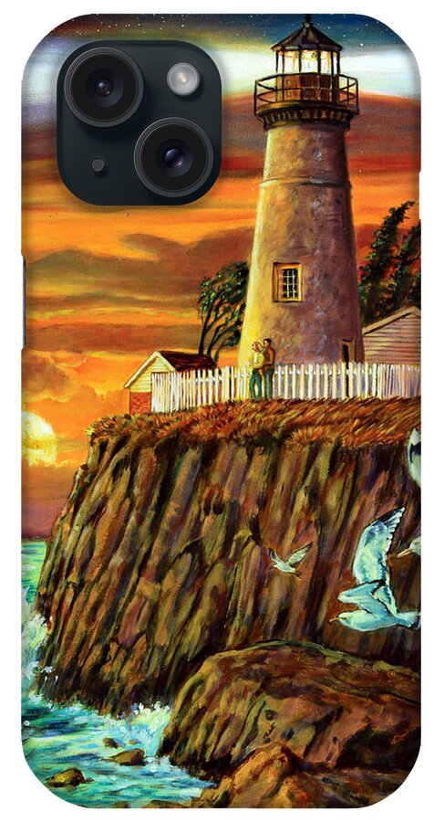 Lighthouse iPhone Case featuring the painting Lighthouse Sunset by John Lautermilch