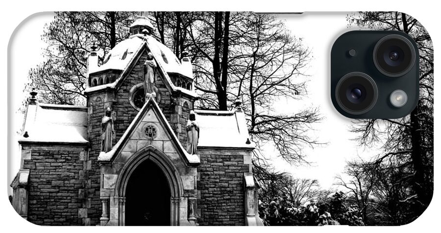 Spring Grove Cemetery Cincinnati Ohio Mausoleum Snow Black White iPhone Case featuring the photograph Mausoleum in Snow by Keith Allen