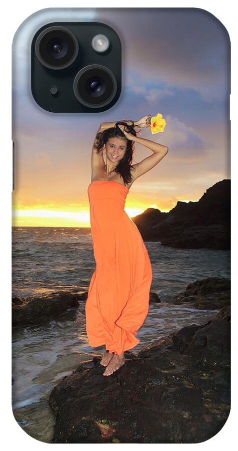 Beach iPhone Case featuring the photograph Model in Orange Dress by Tomas Del Amo - Printscapes