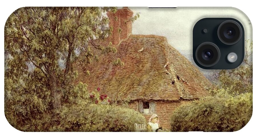 Cottage; Child; Gate; Rural Scene; Country; Countryside; Home; House; Kitten; Path; Wildflowers; Picturesque; Idyllic; Female iPhone Case featuring the painting Near Haslemere by Helen Allingham