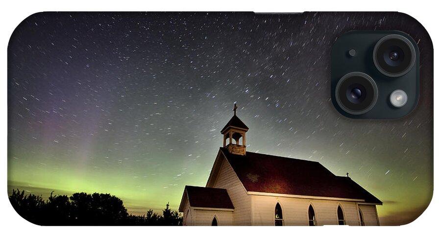Sky iPhone Case featuring the digital art Northern Lights Canada Church country religion by Mark Duffy