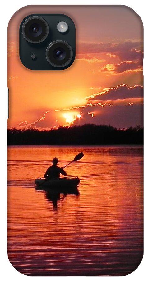 Canoe; Kayak; Sunset; Twilight; Evening; Lake; Lagoon; River; Water; Reflection; Reflecting; Wake iPhone Case featuring the photograph Paddle to Home by Frances Miller