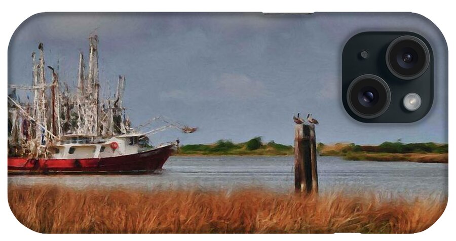 Alabama Photographer iPhone Case featuring the digital art Pelican and the Red Shrimpboat by Michael Thomas