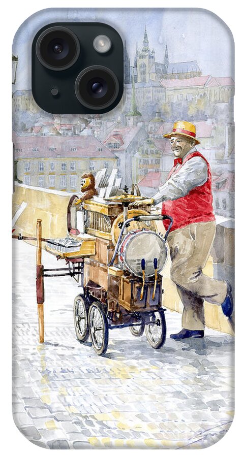 Watercolor iPhone Case featuring the painting Prague Charles Bridge Organ Grinder-Seller Happiness by Yuriy Shevchuk