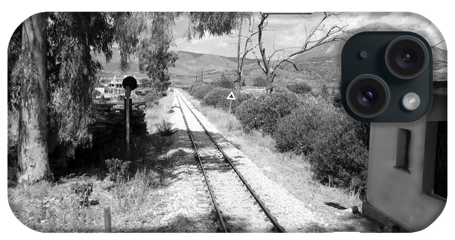 Railroad iPhone Case featuring the photograph Railroad Crossing in Black and White on the Way from Mycenae to Olympia in Greece by John Shiron