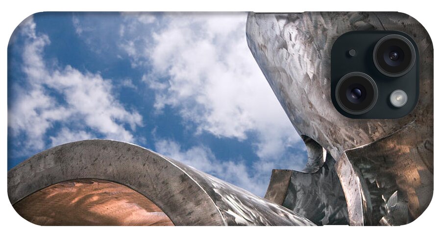 Mayo Park Rochester Minnesota Metal Sculpture Sky Clouds Blue White Silver Shine Shiny iPhone Case featuring the photograph Sculpture and Sky by Tom Gort