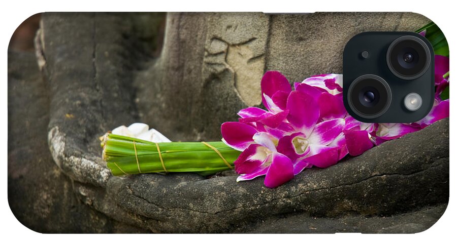 Ancient iPhone Case featuring the photograph Sitting Buddha in meditation position with fresh Orchid flowers by U Schade