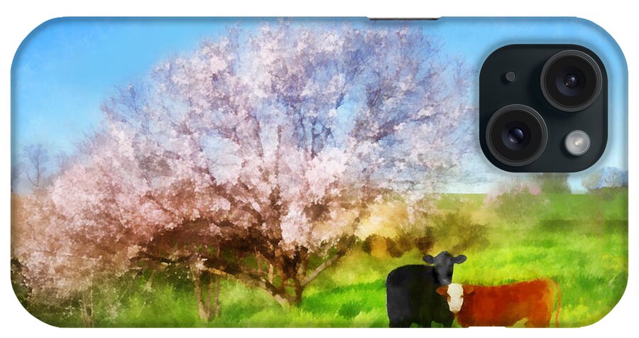 Landscape iPhone Case featuring the digital art Spring Meadow with Cows by Frances Miller