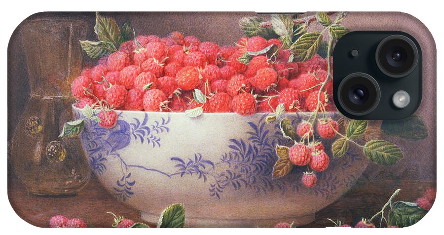 Raspberry iPhone Case featuring the painting Still Life of Raspberries in a Blue and White Bowl by William B Hough