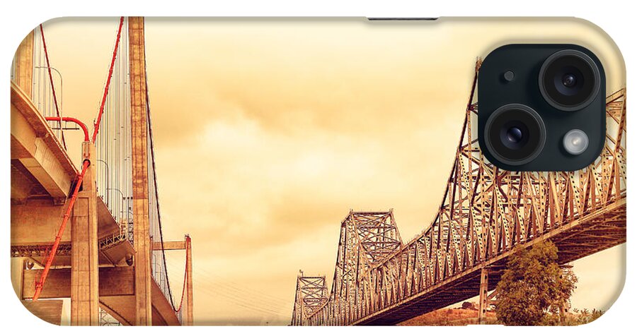 Retro iPhone Case featuring the photograph The Two Carquinez Bridges At Crockett and Vallejo California . aka Alfred Zampa Memorial Bridge . 7D8830 by Wingsdomain Art and Photography