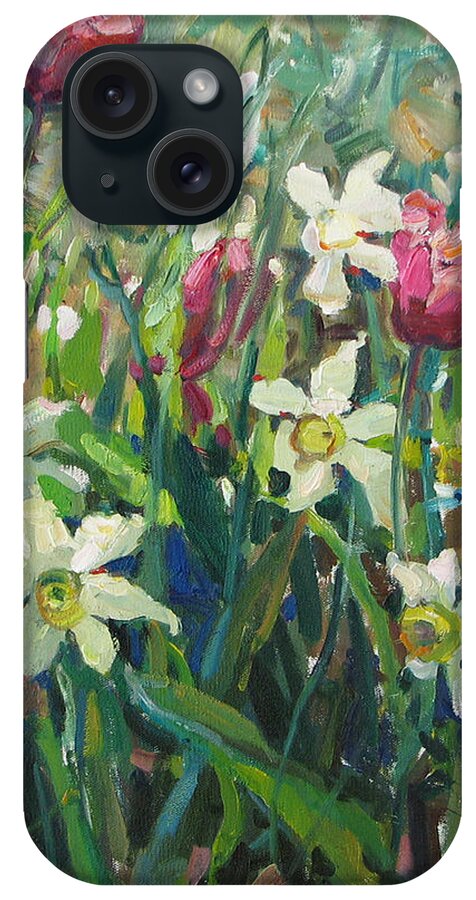 Flowers iPhone Case featuring the painting Tulips and narcissuses by Juliya Zhukova